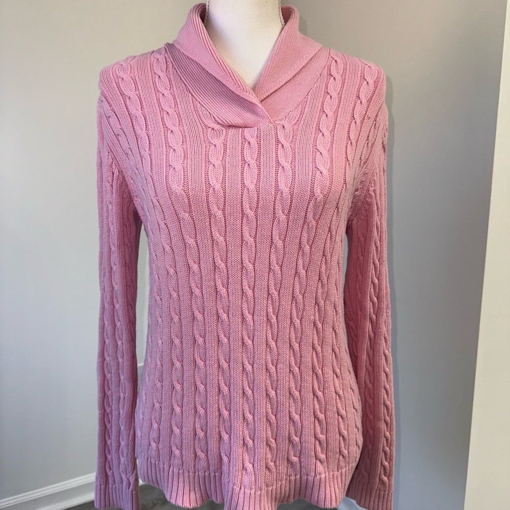 Pink Cable Knit Sweater Shawl Collar Fitted‎ Long Sleeve Preppy Cottagecore